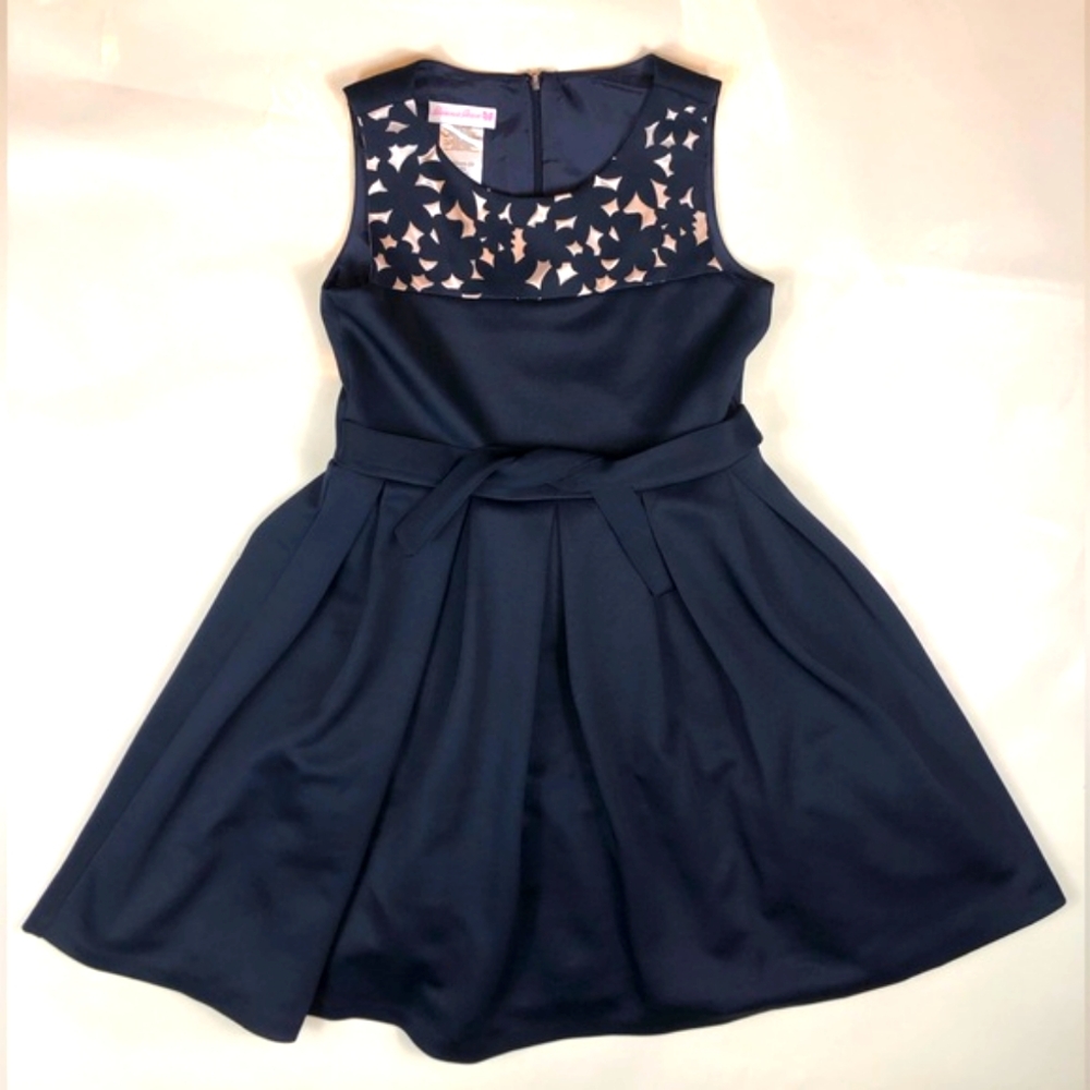 Bonnie Jean Dark Navy Blue Cutout Print Tie Front Pleated Formal Dress